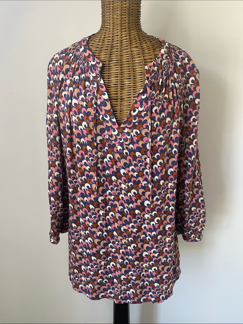 Boden Printed V-Neck Peasant Blouse in Pink, Navy & Cream